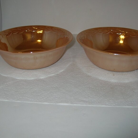 2 Vintage Fire King Peach Luster LAUREL LEAF BOWLS Oven Ware 8.25"x2.75" H USA A - Picture 5 of 7